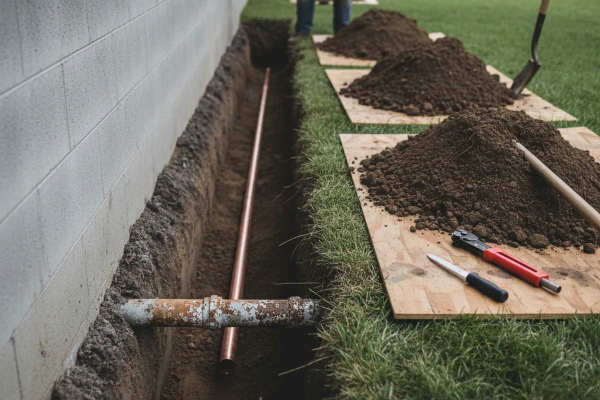 Excavated water line trench during Water Softener Installation in Lexington